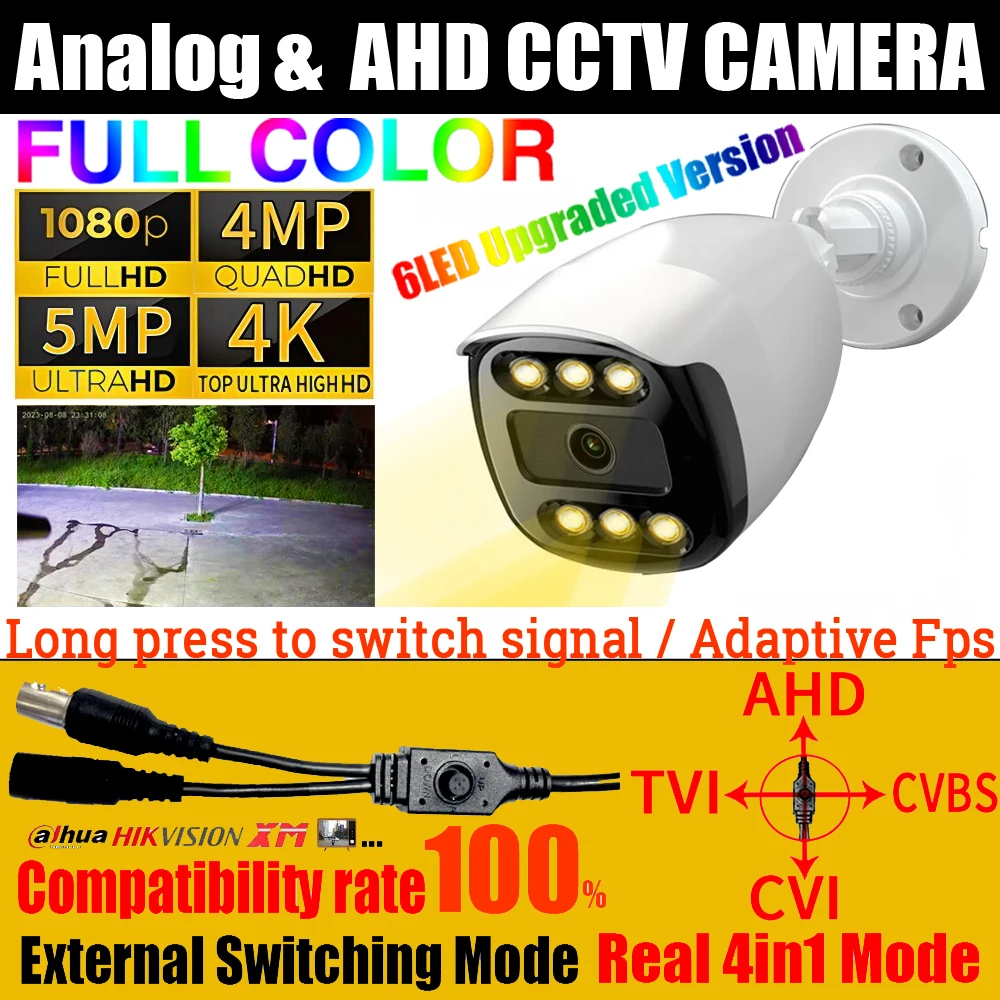 

6LED 8MP 2MP AHD Full Color Camera CCTV Auto Luminous Analog 5MP 1080P TVI/CVI 4in1 OSD Cable Digital Outdoor Security Monitor