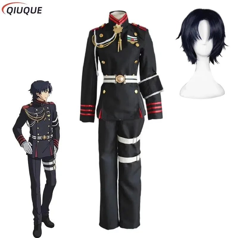 

Ichinose Guren Cosplay Seraph of the end Cosplay Costume Wig Anime Owari no Seraph Military Uniforms Men Black Suit Outfits