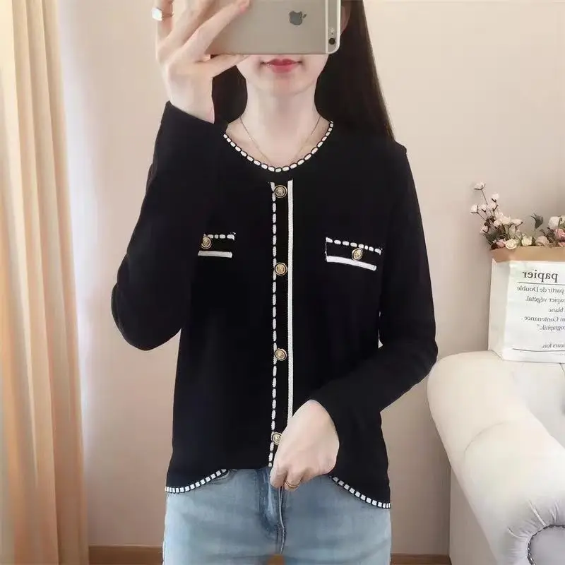 Spring Autumn New Contrast Patchwork Short Sweaters Long Sleeve Solid All-match Knitting Pullovers Fashion Elegant Women Clothes