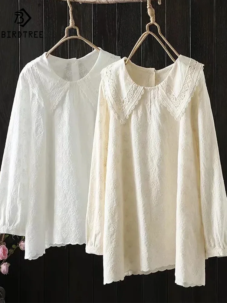 

New Summer Cotton Long Sleeve White Shirt Women Floral Embroidery Top Mori Girl Casual Loose Blouse 2024 Autumn T450164QM