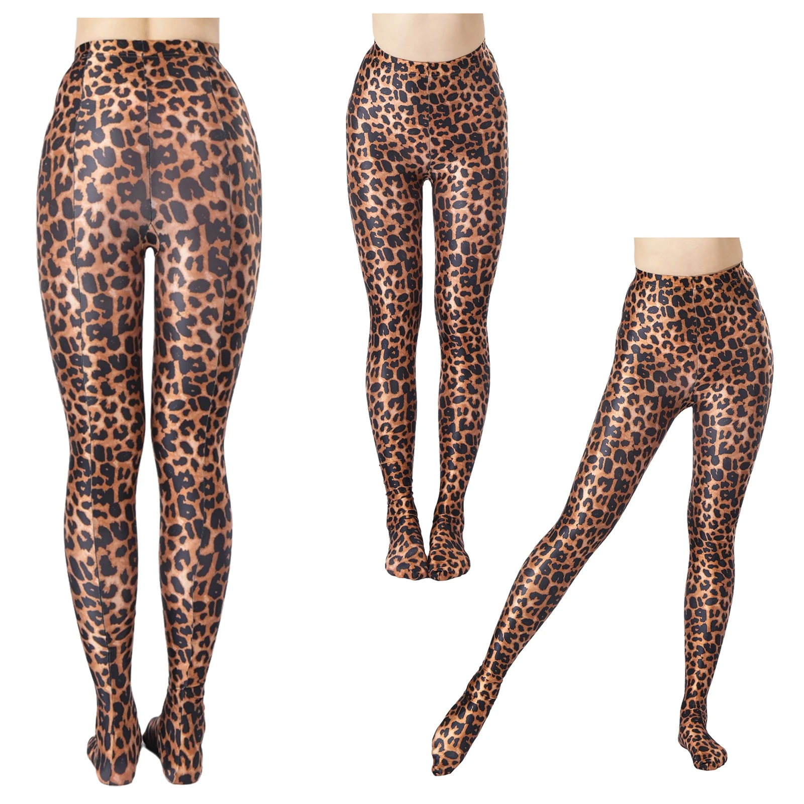 Unisex Adult Leopard Printed Yoga Tights Tummy Control Back Seams Footed Leggings Glossy Pantyhose for Slim Fitness Yoga Club
