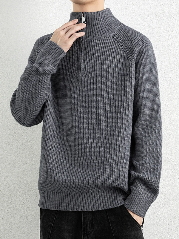 

Thiened f Zipper Stand Collar Knitted Sweater for Men Casual Sle Pure Color High Ne Long Sve Soft Polyester Fiber