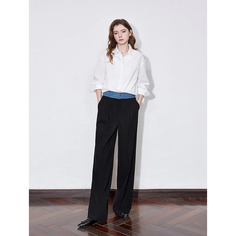 TOYOUTH Women Casual Pants 2025 Spring New Denim Patchwork Fashionable Commuting Style Wide Leg Woolen Trousers Pants Black