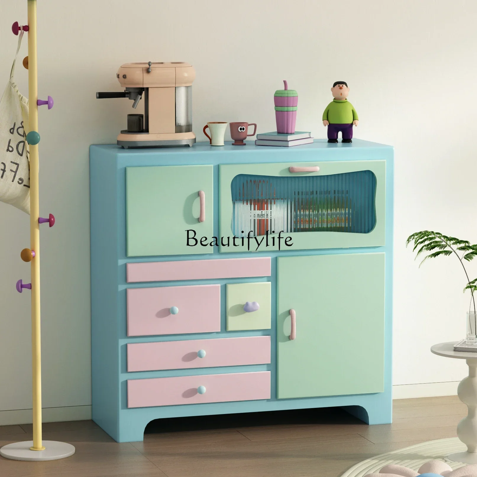 

LJYDopamine Locker Multi-layer Solid Wood Drawer Glass Storage Cabinet