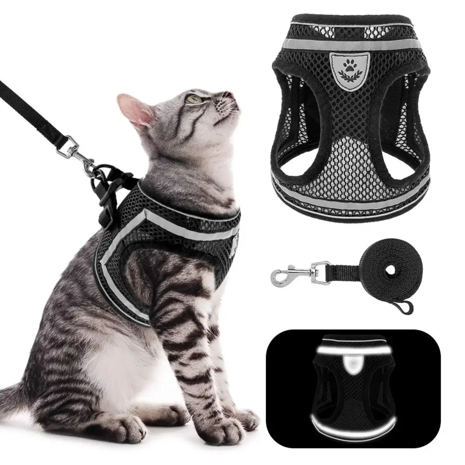 

Secure Breathable Mesh Adjustable Harness and Leash Set for Small Dogs and Cats - Comfortable and Stylish Reflective Escape-Proo