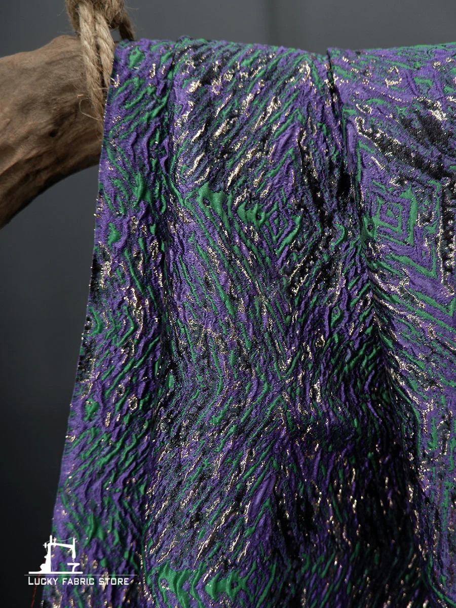 Purple geometric pattern, Chinese style, ethnic style floral fabric, blended jacquard fabric, jacket, skirt, designer fabric