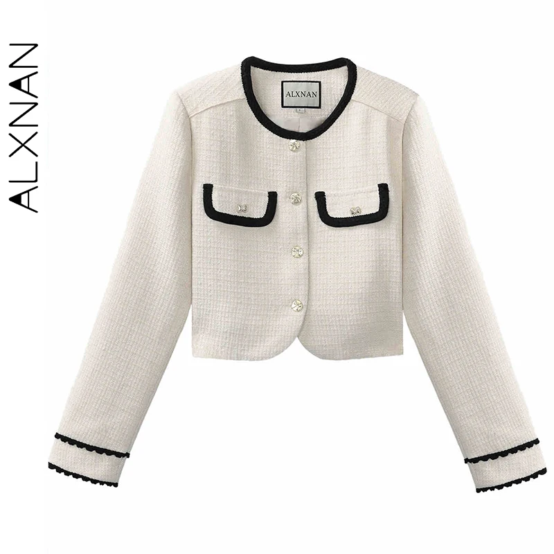 

ALXNAN Women's Apricot Tweed Jacket Gentle O-neck Long Sleeve Single Breasted Fall Winter Cropped Commuter Outerwear DYL661283SY