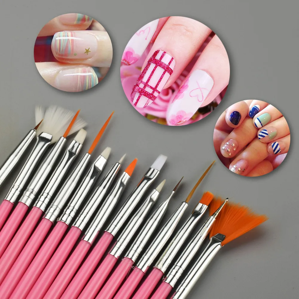 20pcs/Set Nail Art Brush Design Tip Painting Drawing Carving Dotting Pen FlatFan Liner Acrylic Gel UV Polish Manicure Tools