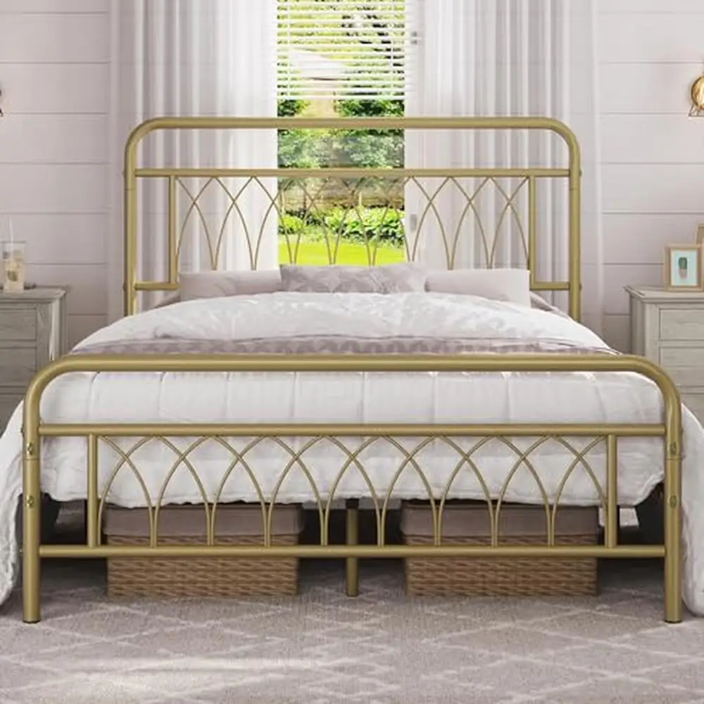 

Vintage Iron Queen Bed Frame with Petal Accented Headboard/Footboard 14.4" Under Bed Storage No Box Spring Needed Sturdy Design