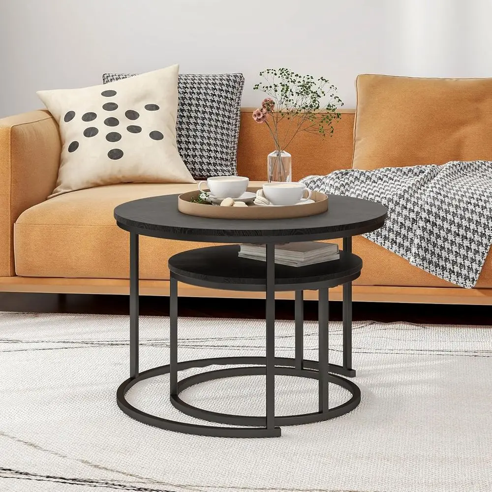 Black Nesting Coffee Table Set, 2 Wooden Accent End Tables with Metal Frame for Living Room, Sturdy Stackable Side Tables, Easy