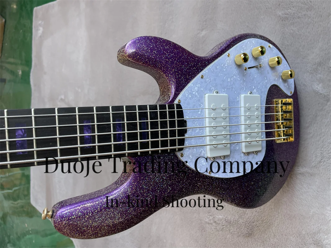 Purple Electric bass Glitter Particle body 5-string bass Rosewood fingerboard Purple square inlaid  white pearl pickup Active