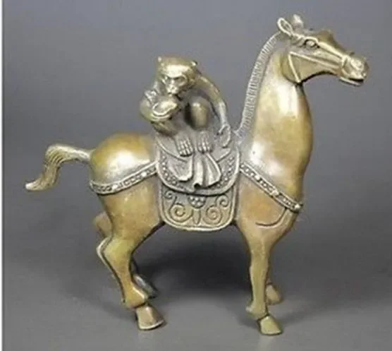 Chinese Old Brass Wonderful Handwork Hammered Monkey On Horseback Statue