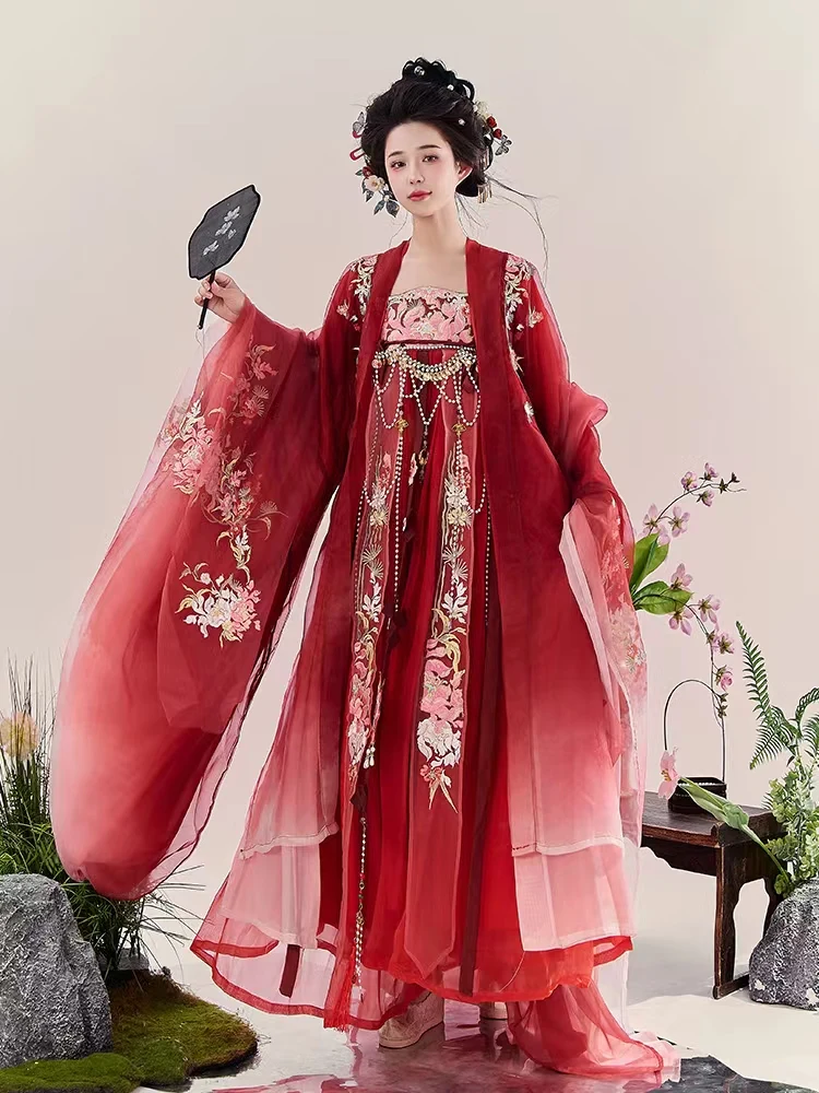 

Embroidered Hanfu Tang-made large-sleeved shirt chest-length balsam skirt set