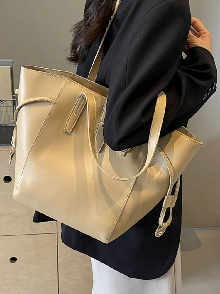 Vintage Large Capacity Tote Bag For Women Korean Simple Commuter Shoulder Bags 2024 New Autumn Winter Pu Leather Travel Handbags