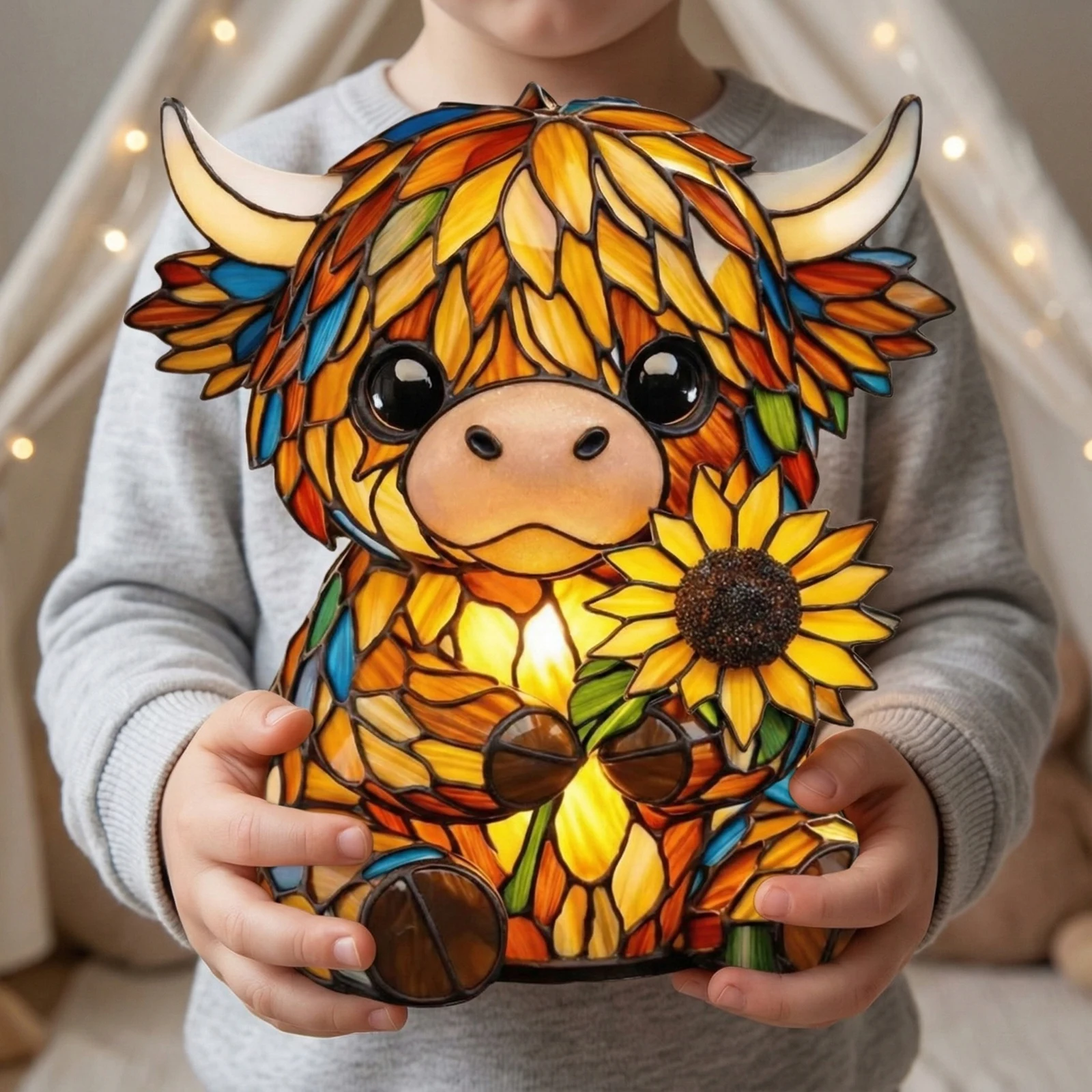 

LED Sunflower Highland Cow Table Lamp Cute Bedside Decorations Lamp Resin Animal Ornament Light for Living Room Desk Decor