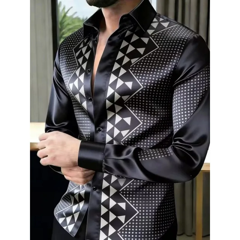 Men Firework Star Print Satin Shirt Glossy Long Sleeve Button Up Party Shirt