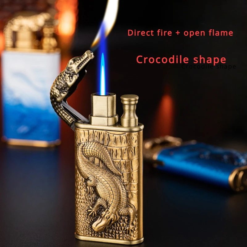 New Dual-fire Straight-through Conversion Open Flame Inflatable Lighter Metal Three-dimensional Embossed Crocodile Lighter