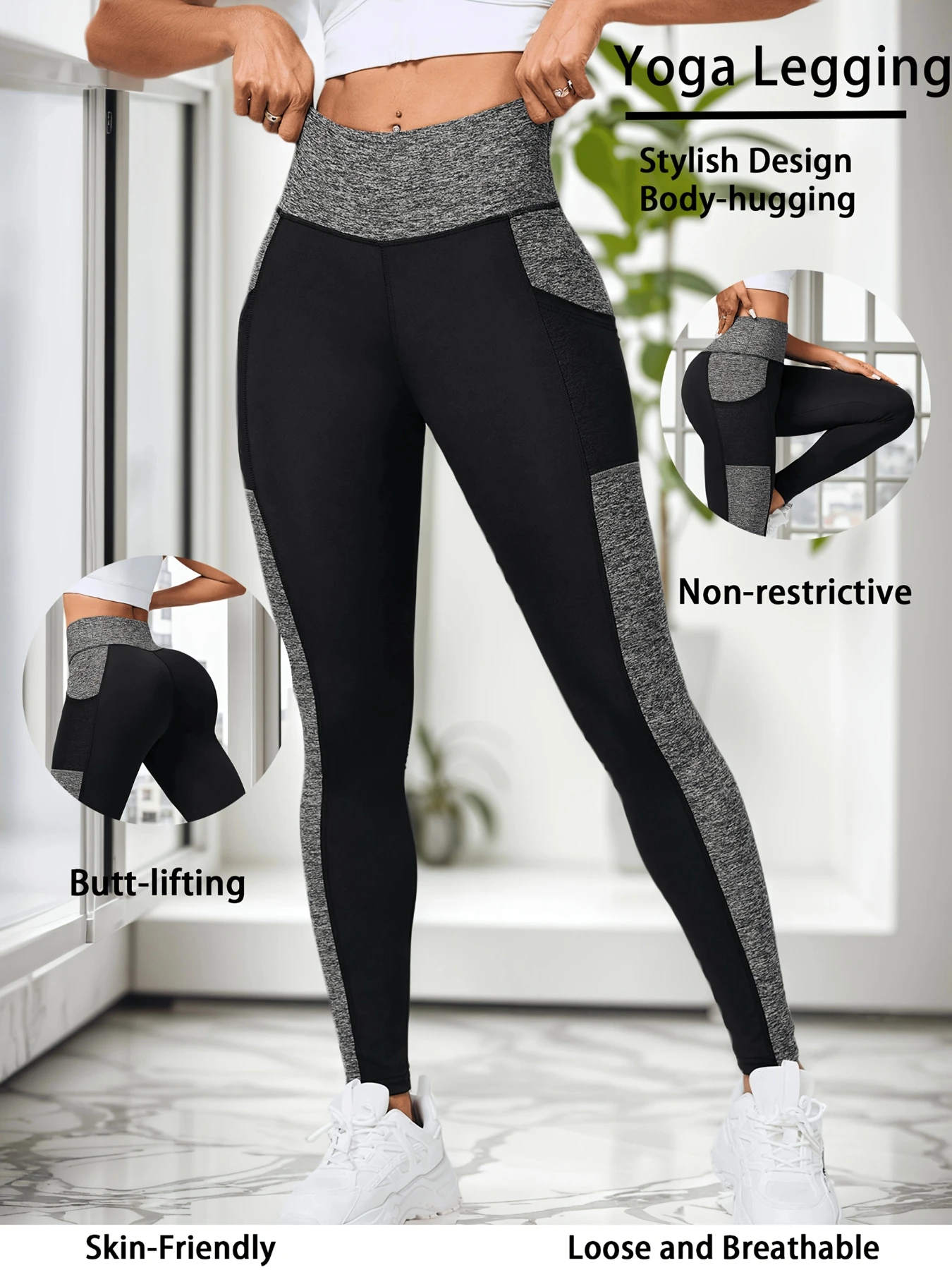 High-Waisted Markless Yoga Pants Buttock Lifting And Shaping Splicing Color Design With Side Pockets Gym Leggings