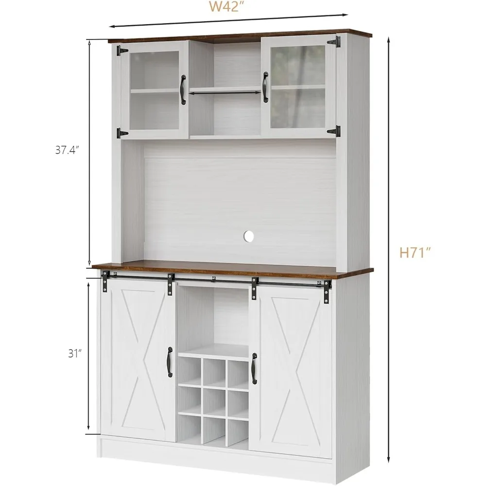 Farmhouse Coffee Bar Cabinet with Hutch, 72'' White Hutch Cabinet with 2 Glass Doors, Tall Wine Bar Cabinet with 9  Wine Racks