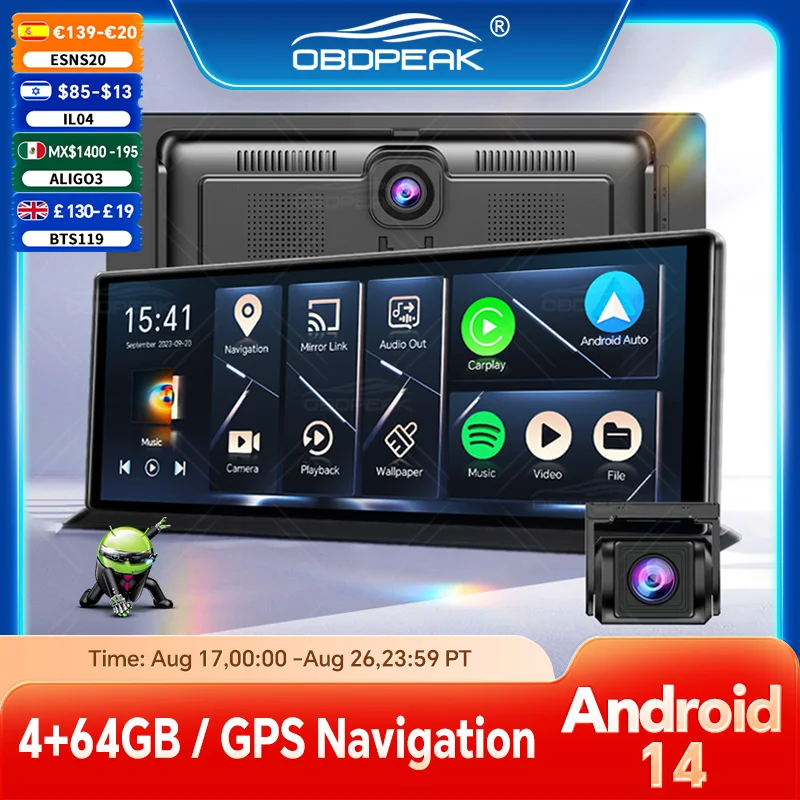 Câmera DVR Traseira K60 Pro Android 14 DashCam Sem Fio CarPlay Android Auto Lente Dupla Gravador de Vídeo 1080P Navegação GPS WIFI Câmera de Ré