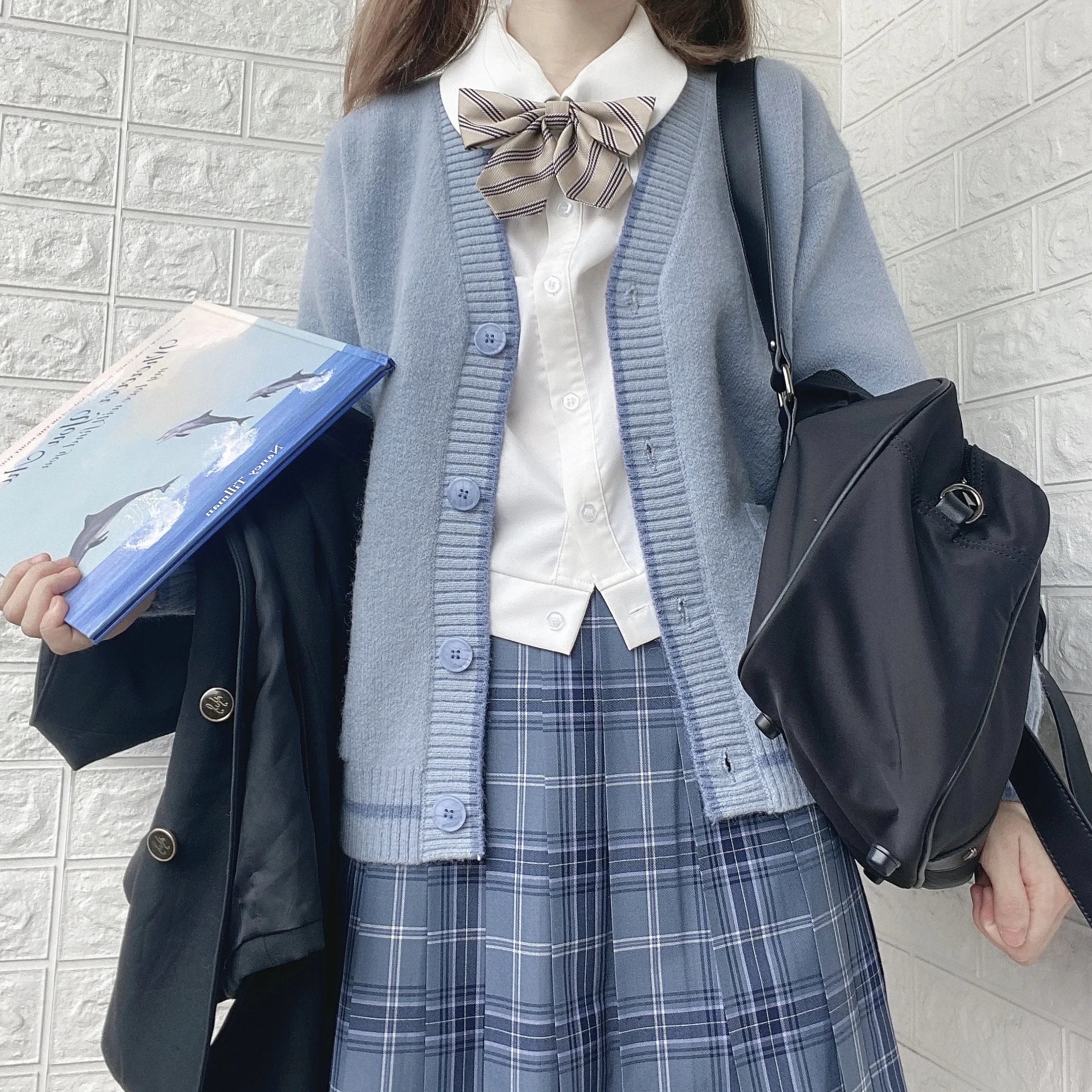 ゆったりとした長袖ニットセーター,Vネック,女性用カーディガン,学生服,オリジナル,新品,2024