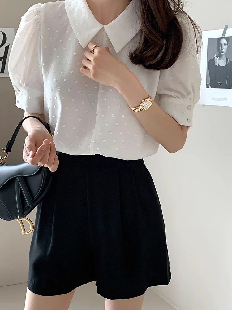 Ele Embroidered Floral Snowflake Blouse Women's Summer New Sle Bubble Sve Doll Collar Top Korean Sle Loose Fit