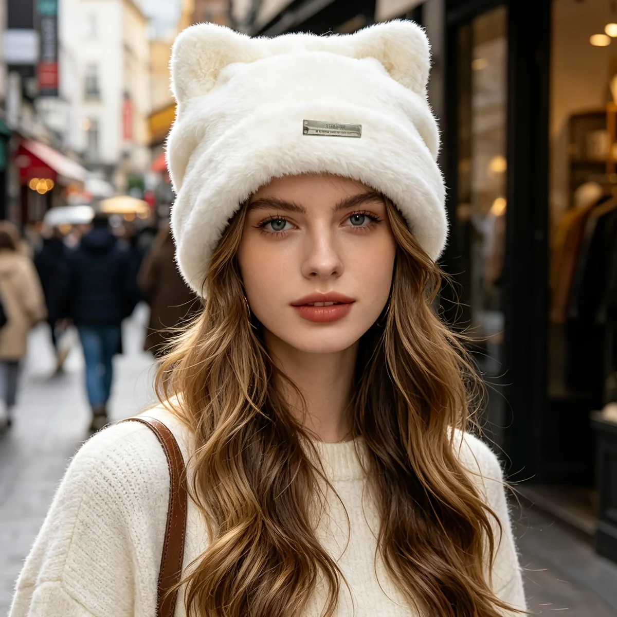 Faux Mink Plush 3D Cat Ear Metal Nameplate Minimalist Design Fluffy Hat Thickened Plush Outdoor Commuting Youth-enhancing Hat