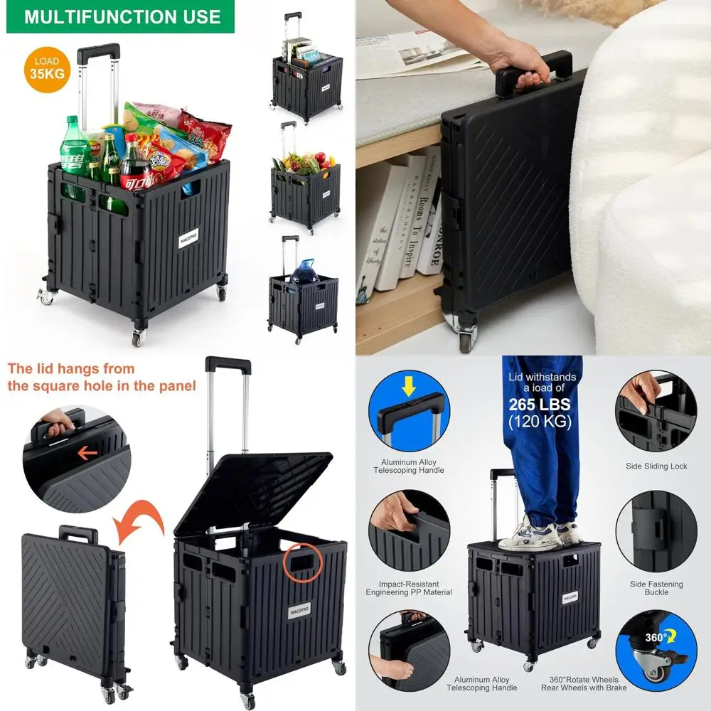 

Collapsible Rolling Cart with Lid, 4-Wheel Utility Trolley for Grocery, Office, and Storage (Black)