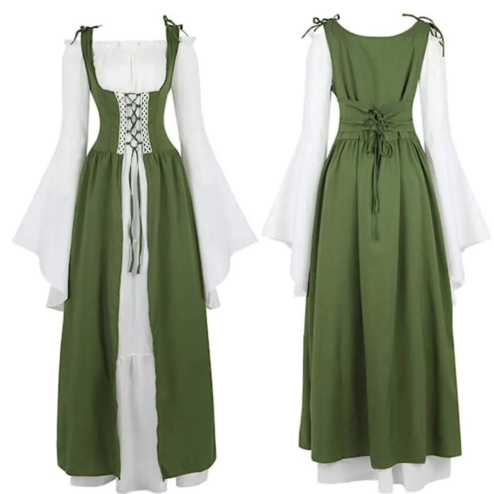 Retro Sukienka Średniowieczna Renesansowa z Kwadratowym Dekoltem i Podkreśloną Talia, Strój na Halloween, Damska Odzież Etniczna na Scenę