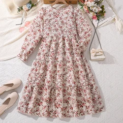 Kids Dress For Girls Beige Pattern Long-Sleeved Dress Classic Design Brief Gentle And Generous Style Children Birthday Clothes