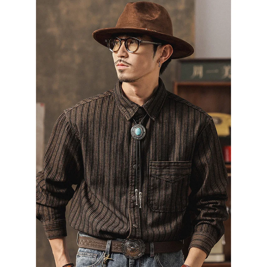 Washed Stripe Denim Shirts Men Japanese Streetwear Fashion Vintage Loose Casual Plus Size Denim Cargo Shirts Jeans Blouses
