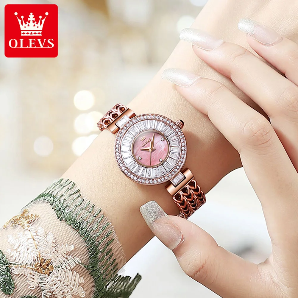 OLEVS 9959 ساعة نسائية موضة أصلية ساعات بعقارب اللؤلؤ للنساء مقاوم للماء مصباح من الفولاذ المقاوم للصدأ هدية نسائية فاخرة Reloj