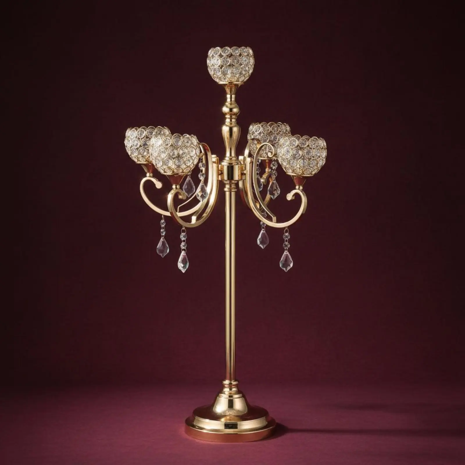 Ornate 5 Head Candle Holder Rust Resistant Gold Wedding Candelabra 5 Branch Floor Candelabra Tall Crystal Candle Stand view 5