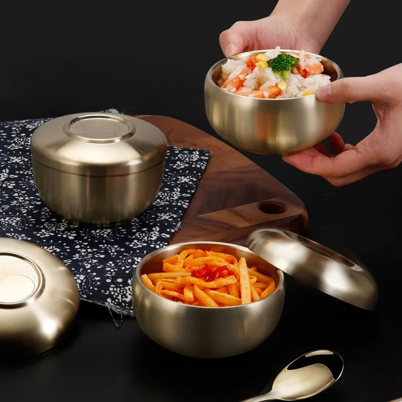 Korean-style stainless steel imperial bowl gold thickened rice bowl soup bowl with lid for children to eat and cook kimchi