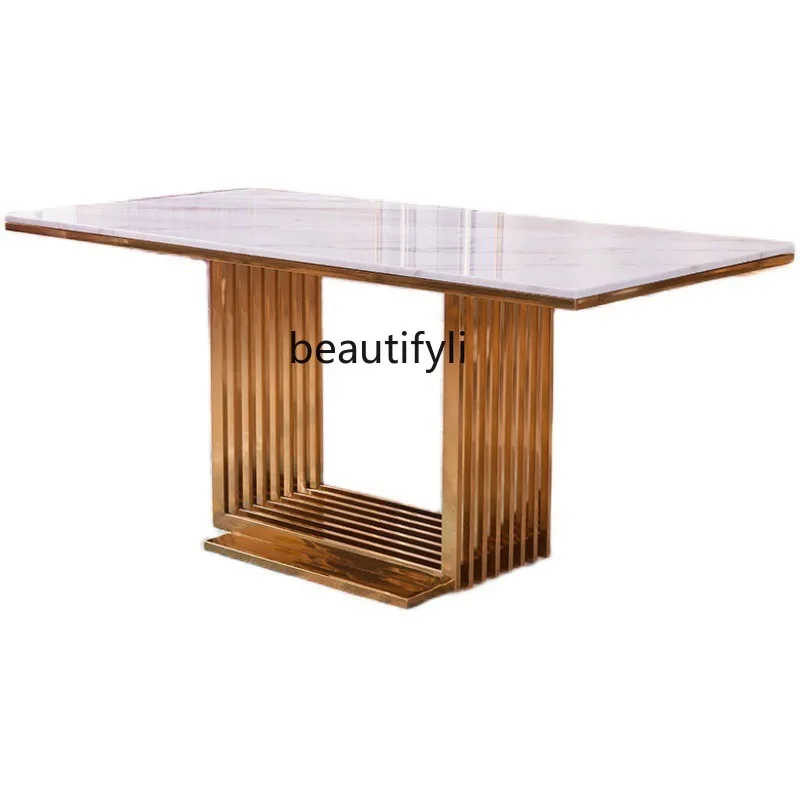 

Modern simple marble Nordic restaurant stainless steel light luxury dining table and chair combination living room rectangle