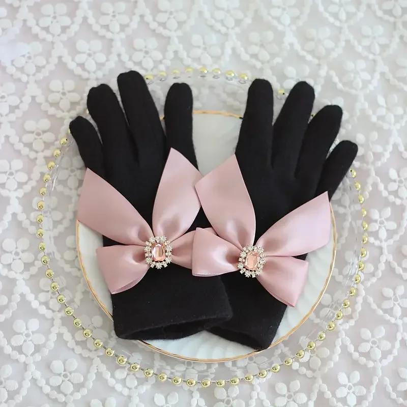 Japanese Lolita Bowknot Rhinestone Winter Wool Gloves Cute Girl Warm Woolen Driving Gloves Cashmere Women Gloves