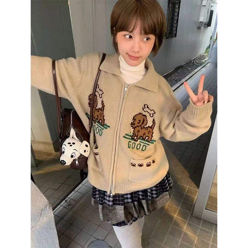 

MEXZT Cartoon Knitted Cardigan Women Harajuku Cute Print Sweater Outerwears Kawaii Knitwears Winter Korean Long Sleeve Jumpers