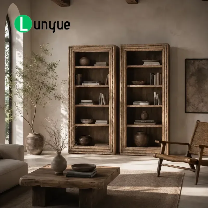 Organic Modern Vintage Bookcase Display Cabinet Recycled Elm Solid Wood Luxury Villa Furniture High Quality Country Style