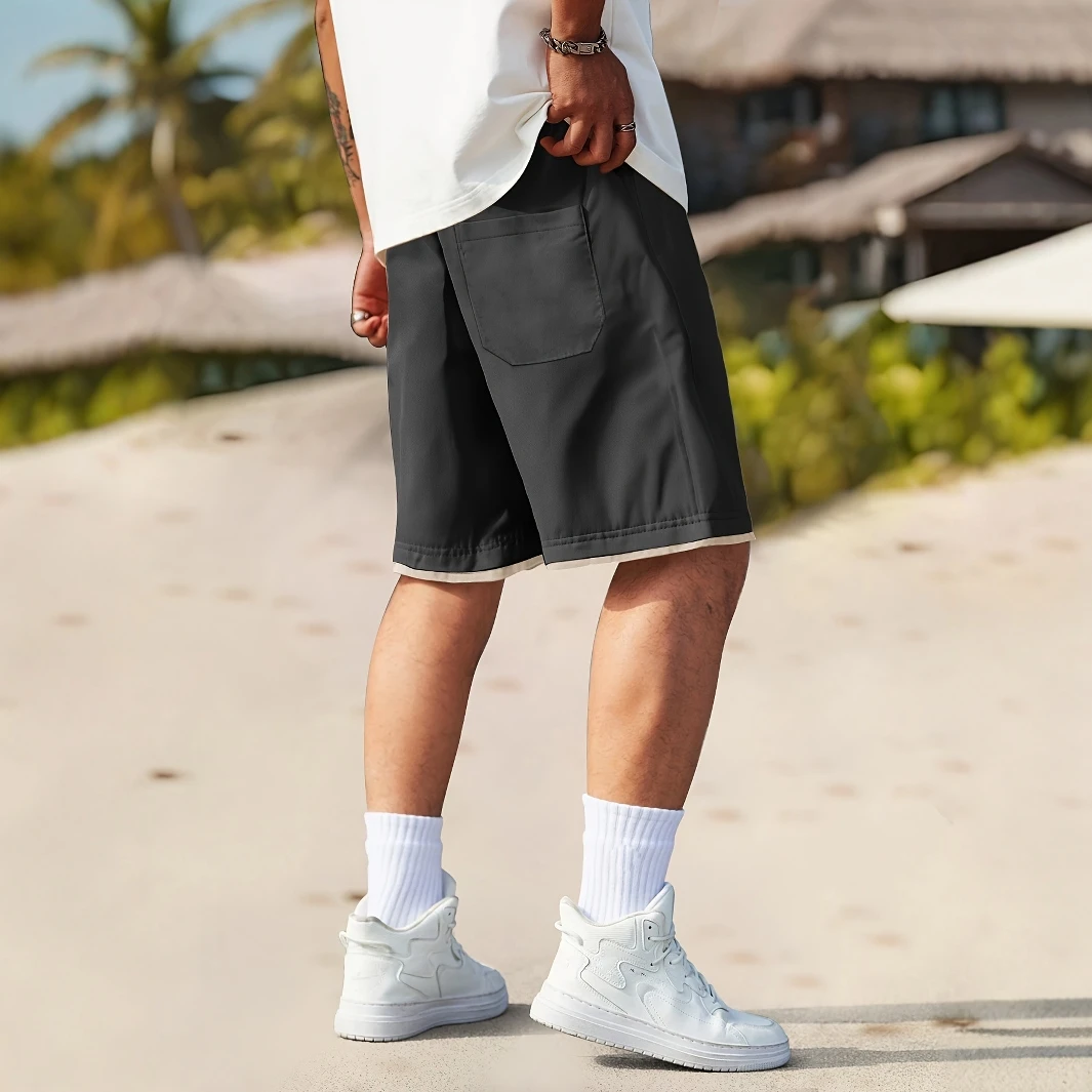Lässige Sommershorts für Herren mit Taschen – Schwarz, elastischer Bund, Kordelzug, Polyester, zweilagiges Design, leicht und atmungsaktiv