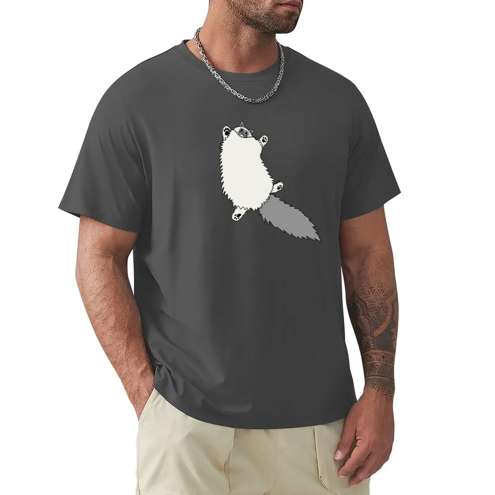 Camiseta de gato Ragdoll esponjoso para hombres, camisetas lisas de punto gris suave, fondo rosa de flor de cerezo