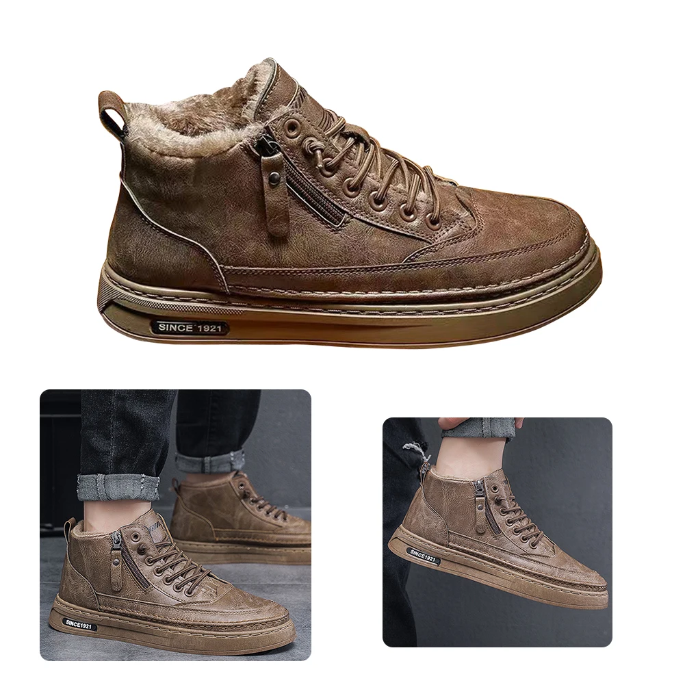 

PU Leather Plush Ankle Boots Waterproof Short Snow Boots Lightweight Boots Comfortable Mens Thickened for Outdoor Travel