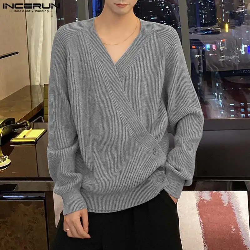 

2024 Men Sweaters Solid Color Knitted V Neck Long Sleeve Loose Casual Male Cardigan Streetwear Korean Style Kimono S-5XL INCERUN