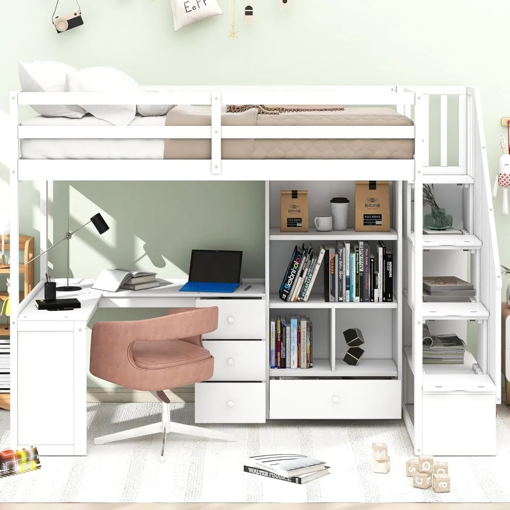 Loft Bed with Stairs and L-Shaped Desk, Wood Loft Bed with Storage Staircase, Twin Loft Bed with Bookcase and Storage Drawers