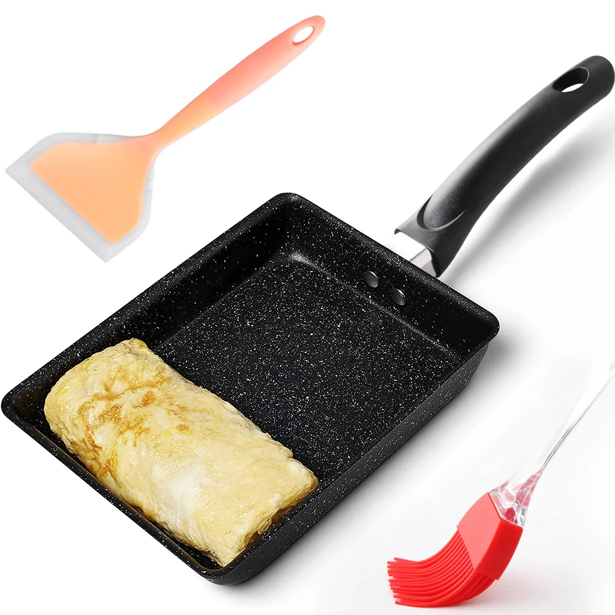 Tamagoyaki Pan with Silicone Spatula and Oil Brush 7.3×5.3inch Non-Stick Japanese Omelette Pan Premium Rectangle Frying Pan Egg