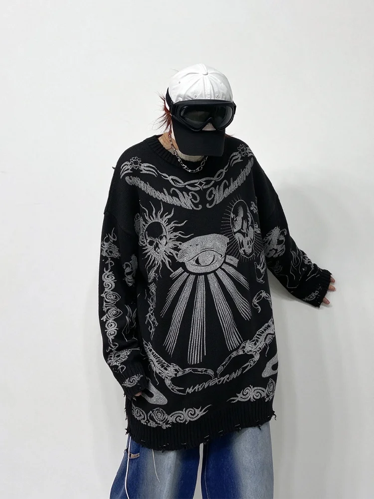 Harajuku Graphic Knit Sweater Oversized Unisex Couple Pullover Grunge Y2K Aesthetic Skull Tattoo Print Jumper Ripped Streetwear