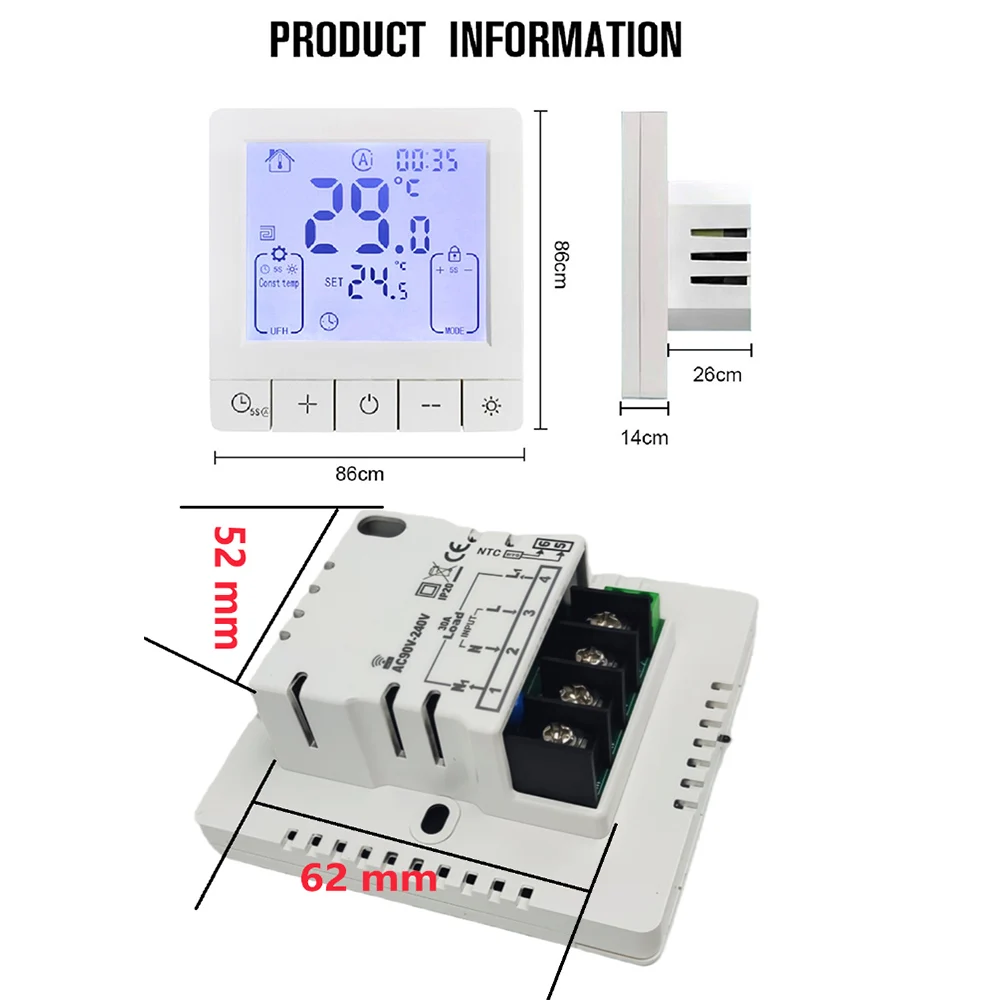 AC95 ~ 240V Smart Tuya WiFi Elektrischer 30A Fußbodenheizungsthermostat Temperaturregler mit externer Sensorsonde – Detail 9