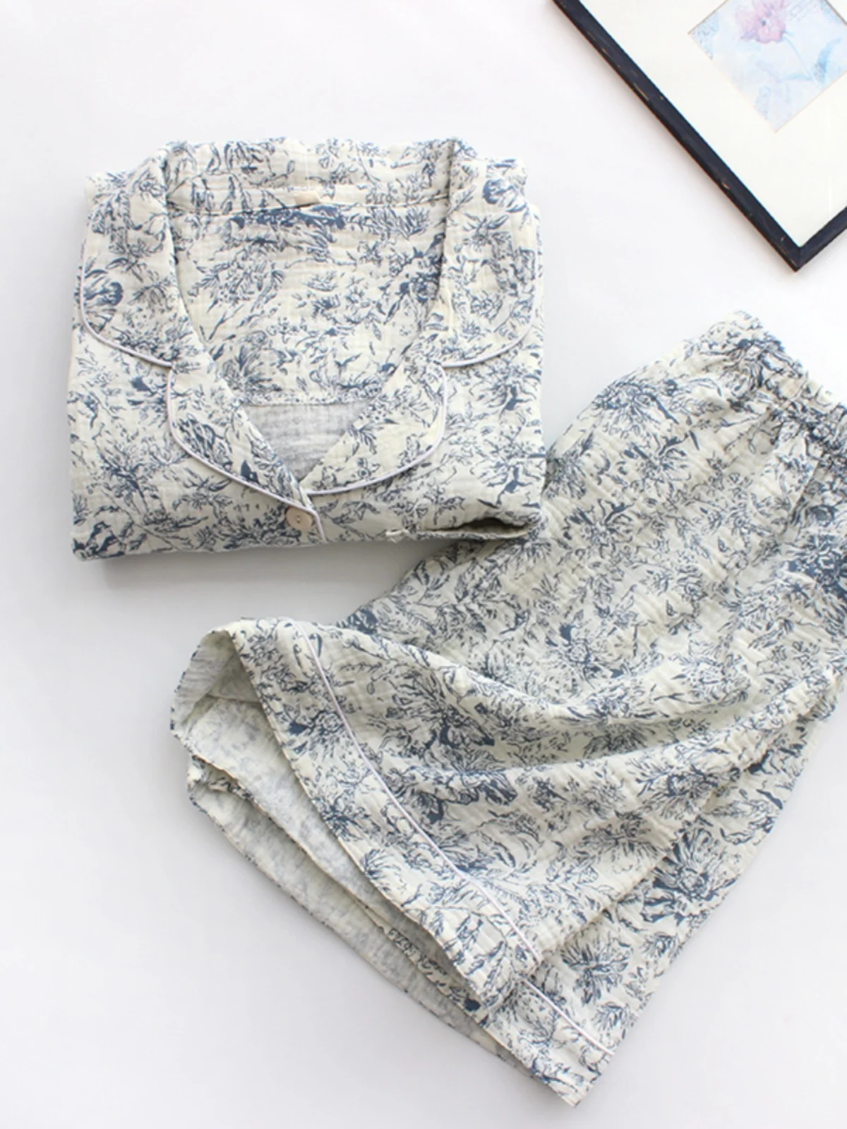 

Ретро синий тон из чистого хлопка и марли V-Ne Spwear открытый кардиган повседневные тонкие длинные брюки свек домашняя одежда для женщин