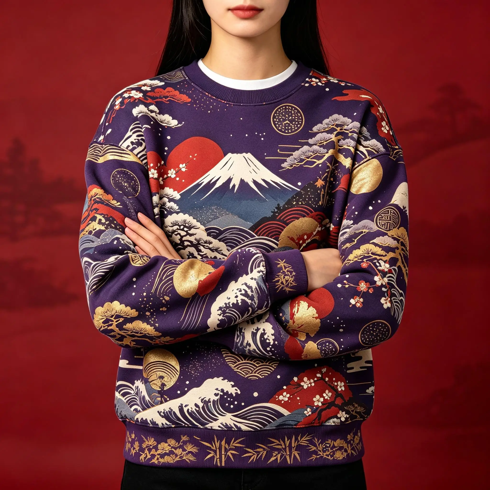 Women Crew Neck Fleece Sweatshirt Japanese Ukiyo-e Mount Fuji Wave Cherry Blossom Print Long Sleeve Loose No Hood Warm Pullover