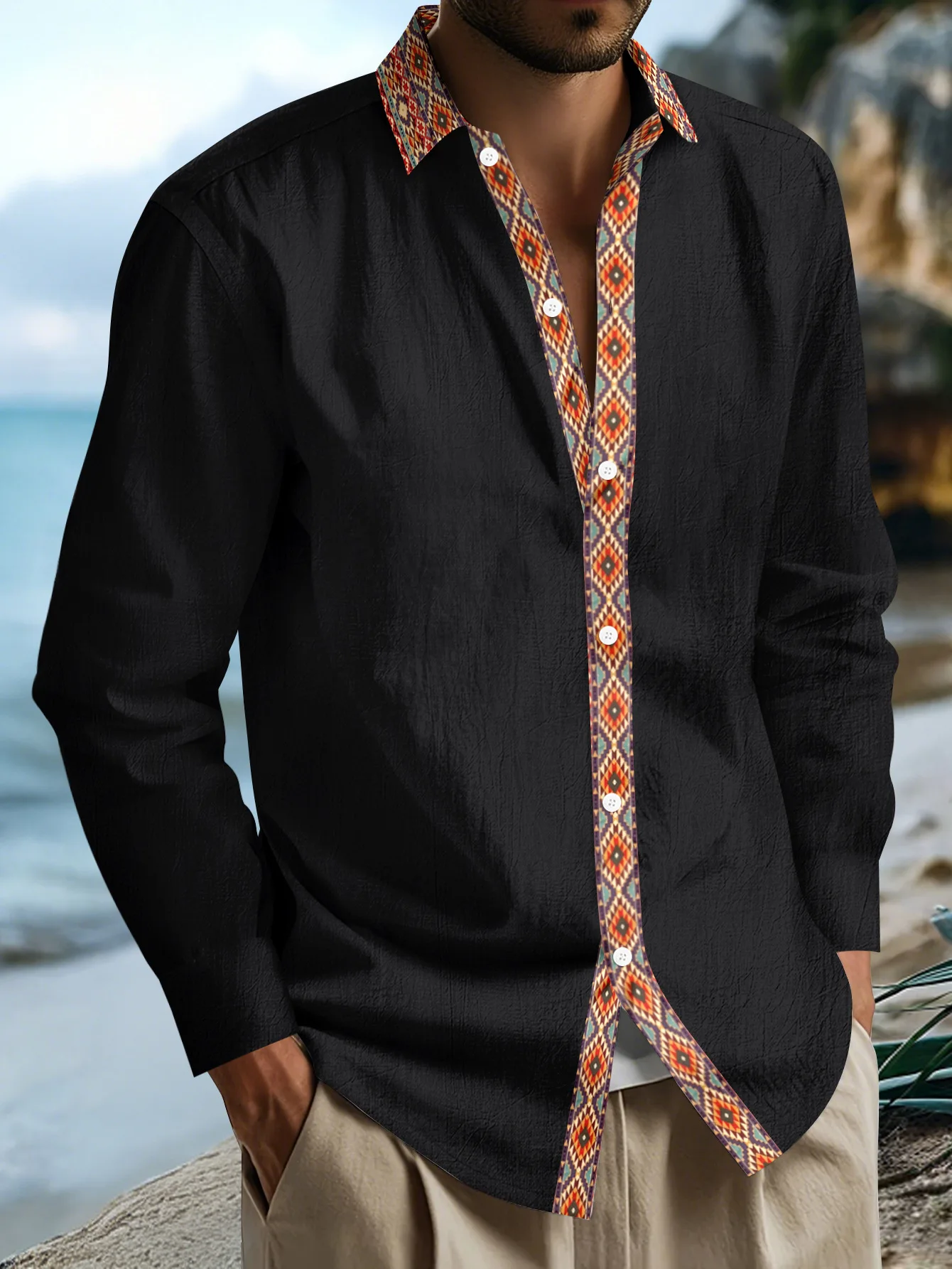 

Autumn and Spring Fashion New Men's High-Quality Hawaiian Beach Linen Long-Sleeve Shirts - Men's Street Style Solid Color Tops,