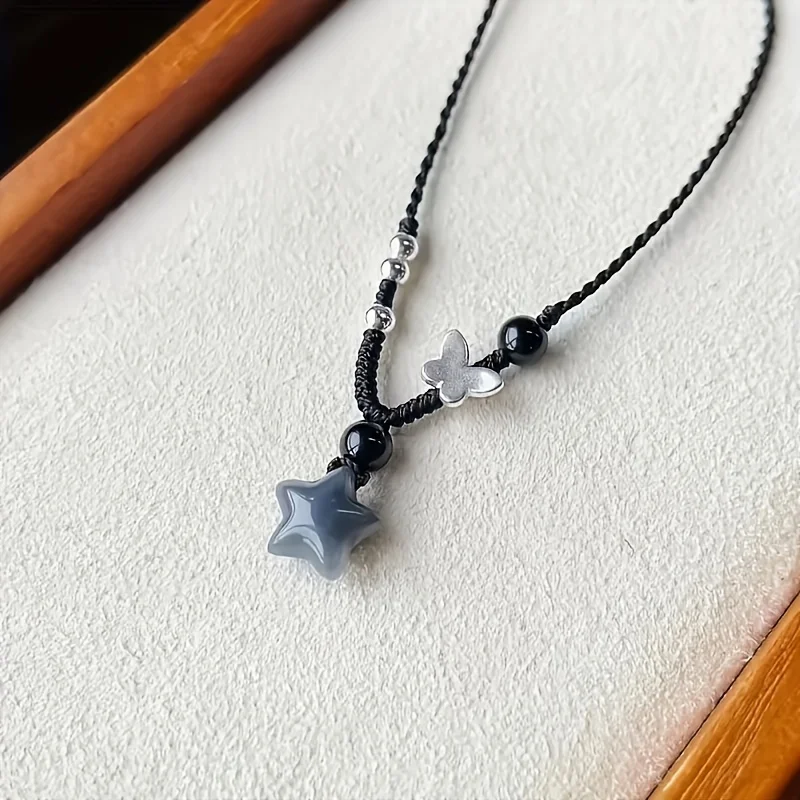 Vintage Black Rope Chain Short Necklace Korean Acrylic Star Pendant Necklace Women\'s Casual Fashion Party Jewelry